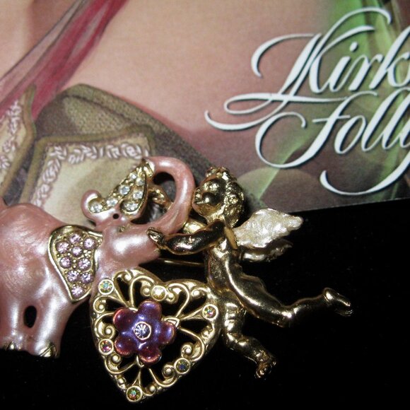 KIRKS FOLLY SIGNED 2 X'S NEW OLD STOCK PINK ELEPHANT W/FAIRY & HEART BROOCH - Picture 5 of 7